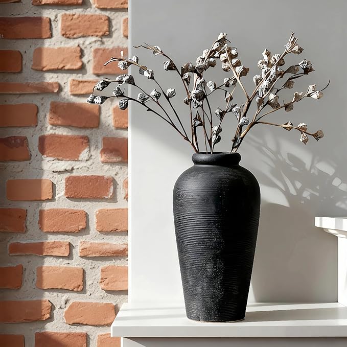 Large Ceramic Vase, 11 inch Minimalist Vase for Home Decor, Handmade Farmhouse Flower Vase for Table Centerpiece, Wedding, Living Room, Kitchen Decoration, Shelf Decor (Black)
