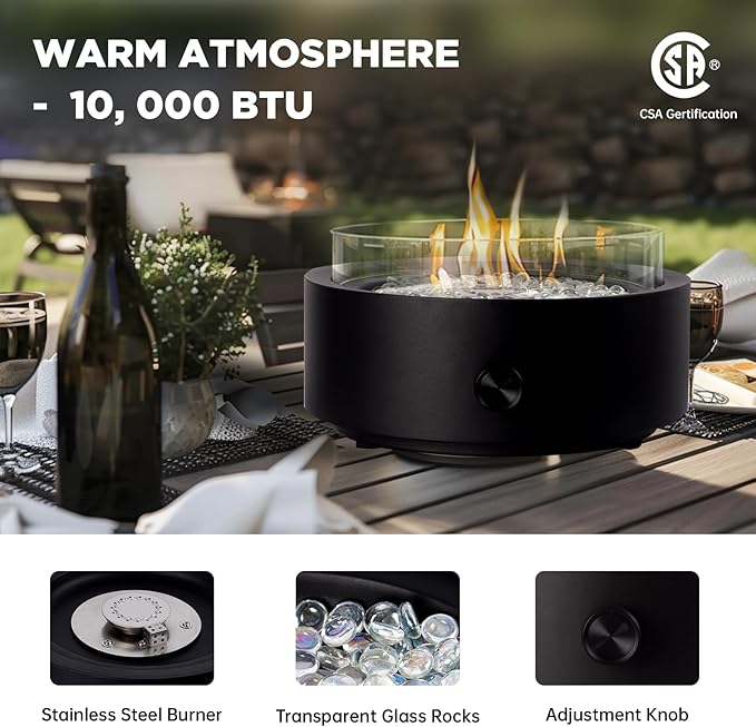 14-Inch Round Propane Fire Pit, 10000 BTU Portable Tabletop Fireplace with Glass Stones, Umbrella Hole Compatible for Outdoor Patio Tables & Camping, Black