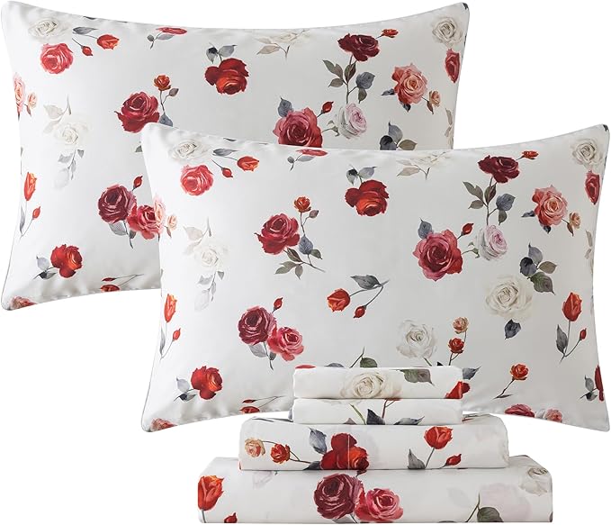 FADFAY Rose Sheets Set Twin XL Vintage White Rose Floral Bedding Shabby College Bedding 100% Percale Egyptian Cotton 800 Thread Count Ultra Soft Deep Pocket Fitted Sheet 4Pcs, Twin XL for Dorm Room