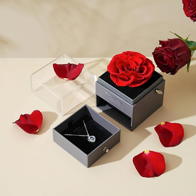 ADDWel Eternal Rose Gifts for Her - Preserved Rose with Silver Heart Pendant Necklace for Wife Girlfriend Mom | You are My Sunshine Music Box for Women - Perfect on Valentines, Birthday, Anniversary