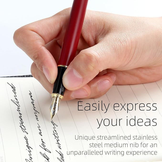 Zalantan Fountain pen, Stunning luxury pen, Nice pen gift, pure copper heavy feel Office Executive Pen Smooth Writing Pens for Men Funcy Pens with Gift Case 10 black cartridges (Red)