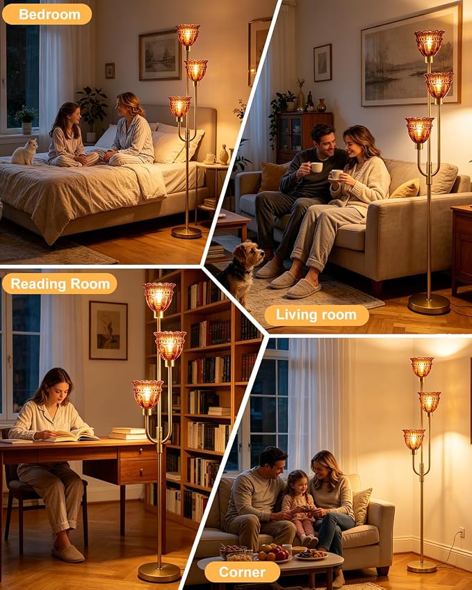 Lightdot 66IN 3-Lights Modern Glass Floor Lamp Gold Dimmable Floor Lamps with 3000K Warm White Bulbs for Wedding Party Tall Standing Lamp with Deep Red Glass Shade for Living Room/Bedroom/Home Decor