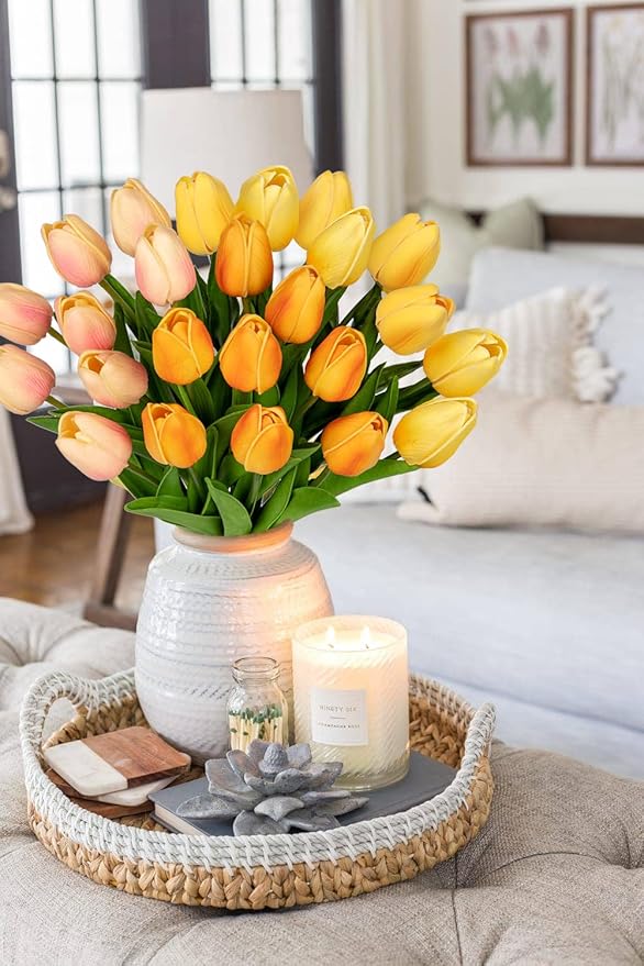 24 Pcs Artificial Tulips Flowers Mixcolor Real Touch Fake Tulips Fake Flowers for Mother's Day 13.5" Faux Tulips Faux Flowers Bulk Artificial Tulips Flowers for Vase Centerpieces Home Wedding Bouquet