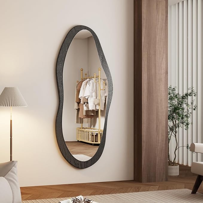 AAZZKANG Irregular Wall Mirror Full Length with Wood Framed Large 47"x20" Black Asymmetrical Full Body Mirrors for Bedroom Living Room Entryway