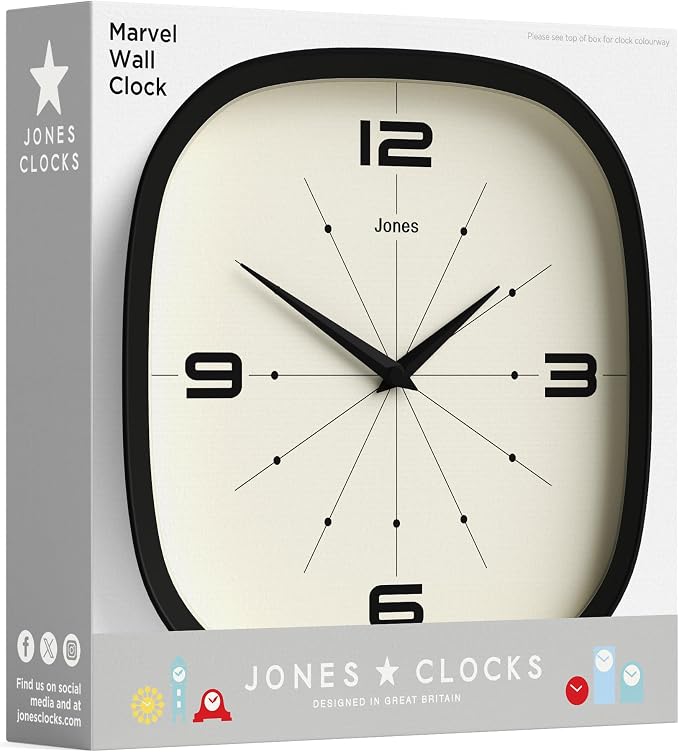 JONES CLOCKS® Pulsar wall Clock | Square Rounded Retro Clock | 10 inch | Blue | Cool Designer Look for Kitchen, Living Room or Office