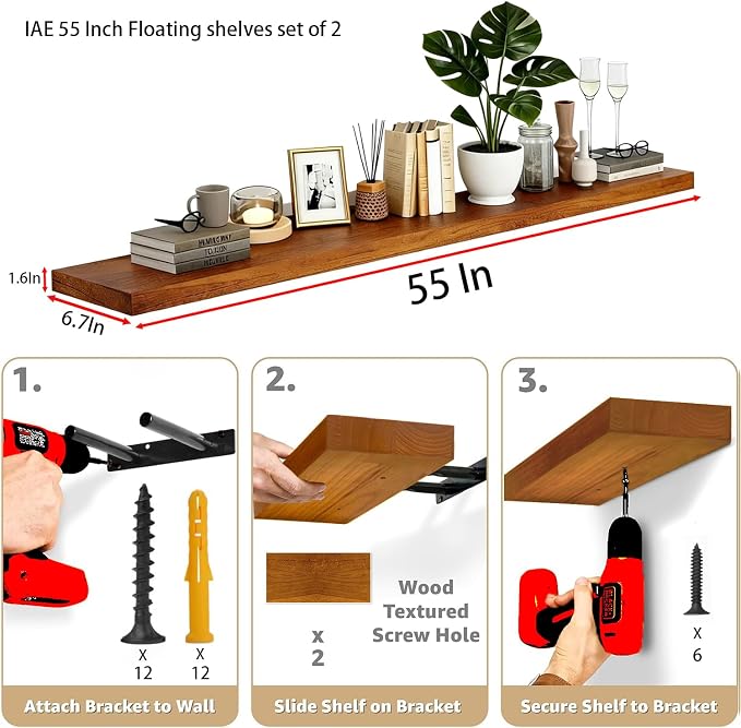 IAE Floating Wall Shelves 55 inch,Bathroom Shelving Wall Mounted,Invisible Shelf Floating Kitchen Shelves,Wooden wall Shelf with Brackets for Living Room wall Mounted,Easy Install,Set of 2,Teak
