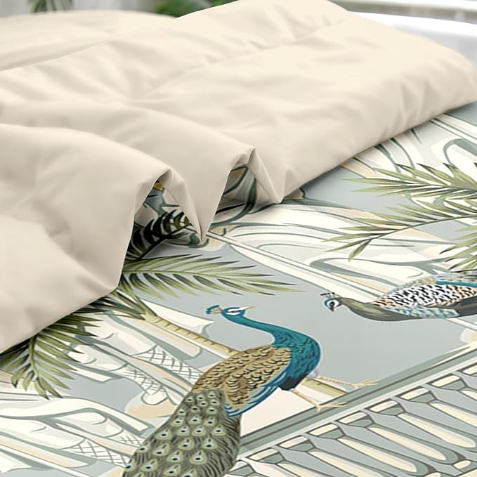 Comforter Set King Size, Peacock Bird Animal 7 Pcs Bedding for Kids and Adults, Floral Botanical Grey Green Bed Sheet Sets with Fitted Sheet 2 Pillowcase & 2 Sham for Bedroom Bed Decor