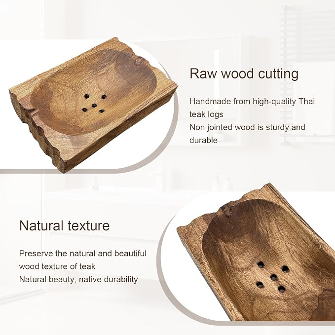 Natural Teak Wood Soap Holder, Automatic Draining Soap Tray with Drain Holes, Handmade Rustic Soap Dish & Countertop Soap Saver Stand for Bathroom and Kitchen