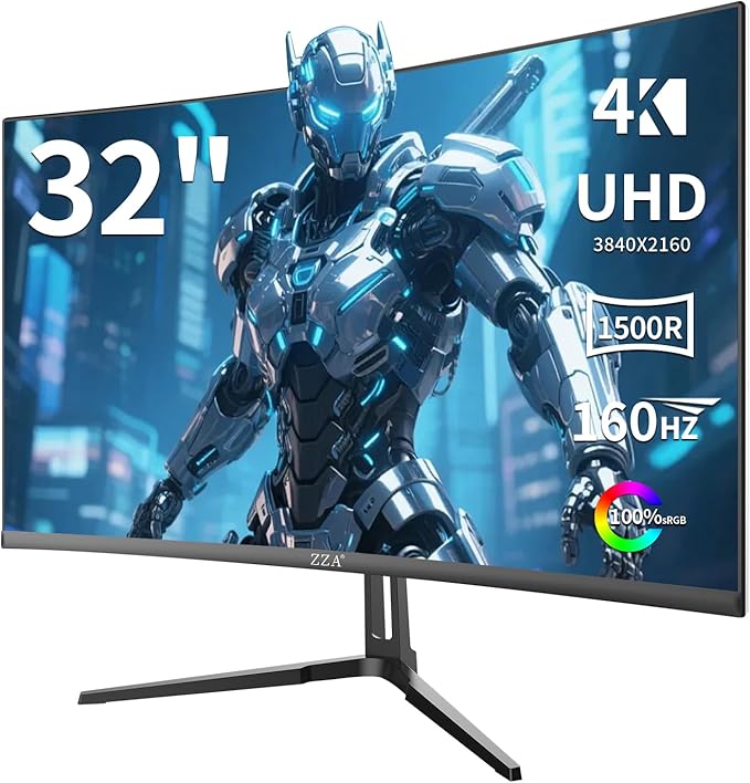 ZZA 32 Inch Gaming Monitor 160HZ,Curved Monitor 4k UHD(3840 * 2160P) VA Screen, 1500R Curved, Computer Moniter, Supports AMD Freesync, 120% sRGB, Built-in Wall Mountable Installs(HDMI 2.1/DP 1.4)