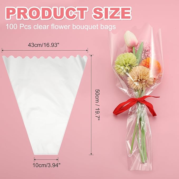 YELARXI Clear Flower Wrapping Bags, Transparent Flower Packaging Bag Waterproof Durable Bouquet Sleeves - Fitting for (Florists/Floral Arrangements Supplies), 16.9x3.9x19.7 Inch & 100Pcs
