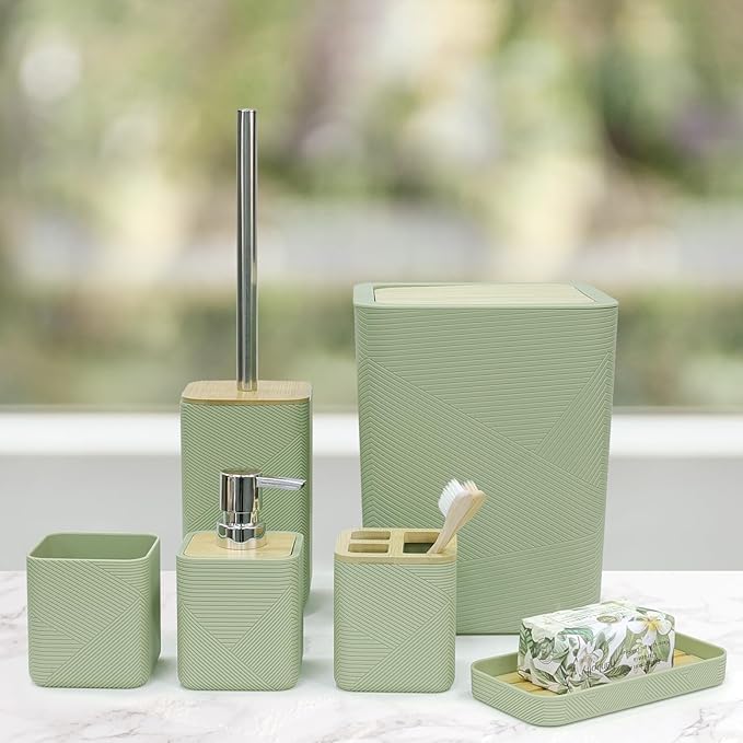 CERBIOR Bathroom Accessories Set 6 Piece Bamboo Bath Ensemble Includes Soap Dispenser, Toothbrush Holder, Toothbrush Cup, Soap Dish for Decorative Countertop and Housewarming Gift (Green)