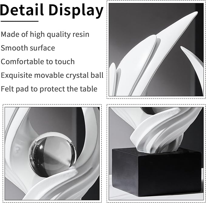 Modern Art Statue Decor, Abstract Swirl-Shaped Sculpture with Glass Ball Resin Art Figurines Centerpiece Sculptures for Home Decor Living Room Stand Coffee Table Office Bookshelf Decoration (white)