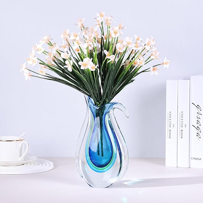 Blue Hand Blown Glass Vase – Oval Decorative Art Glass for Centerpieces, Murano Inspired Decor for Dining Room, Entryway Table, or Shelf, Handmade Glass Vase for Home Display (Blue Green)