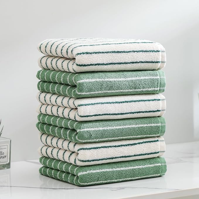 Green Stripe Towels Set of 6，Ultra-Absorbent & Quick-Drying Bathroom Hand Towels 100% Cotton Face Towels, Soft Hand Towels for Bathroom，13” x 29”