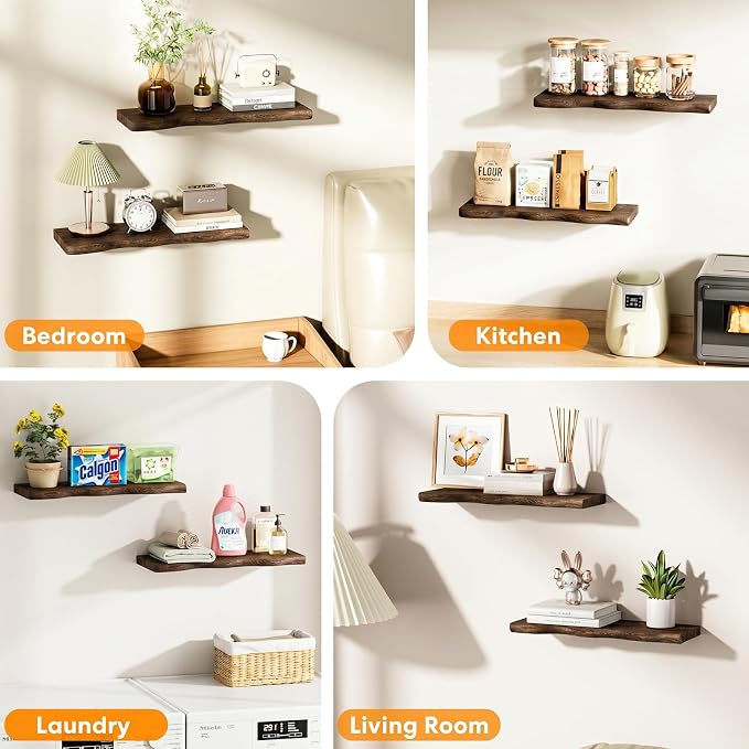 Solid Wood Live Edge Floating Shelves Set of 2 – 36" Rustic Wall Shelf with Hidden Bracket System, Wall Mounted Shelves for Bathroom, Kitchen, Living Room, Bedroom (Charcoal Brown)