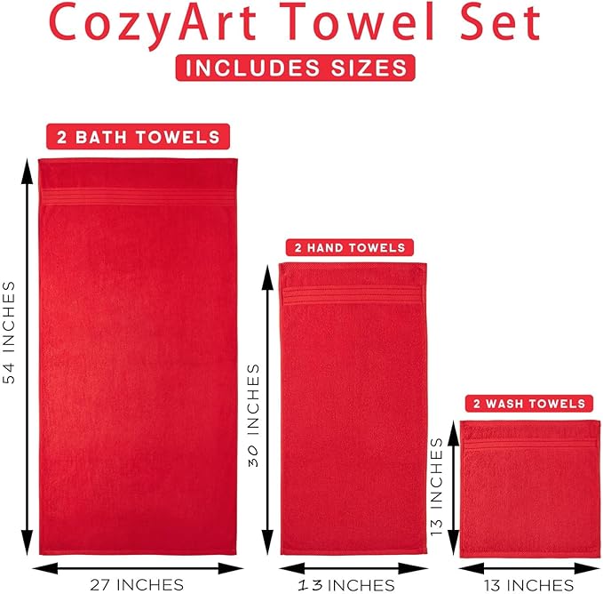 COZYART Red Bath Towel Set for Bathroom Soft Absorbent Durable 650 GSM Turkish Cotton Towel Sets of 6, 2 Large Bath Towels, 2 Hand Towels, 2 Washclothes