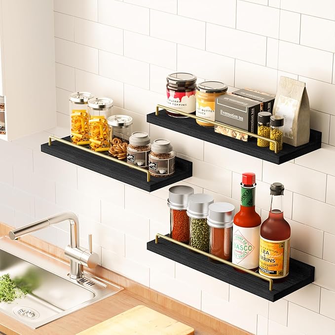 RYOFOBETTO Floating Shelves for Wall Decor, Black and Gold Shelves for Bathroom, Living Room, Bedroom, Picture Frames, Plants, Kitchen (Set of 3)
