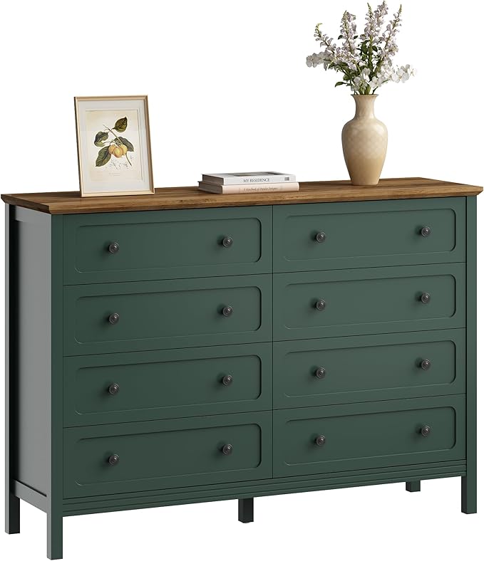 CARPETNAL Green Dresser for Bedroom, 55" Wide 8 Drawer Dresser with Metal Handles and Deep Drawers, Modern Large Wood Chest of Drawers for Living Room, Hallway.