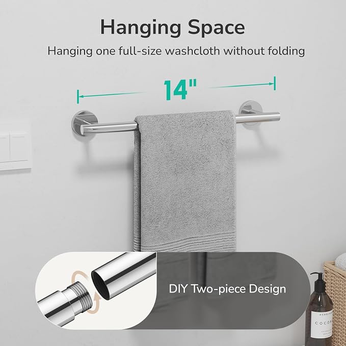USHOWER Polished Chrome Towel Bar, 14-Inch Towel Racks for Bathroom Wall-Mounted, SUS304 Stainless Steel Towel Rod (Total Length 16-Inch)
