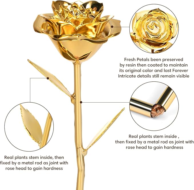 Gold Dipped Rose Real 24K Gold Rose, Genuine One of a Kind Rose Hand Dipped in 24K Golden Roses Romantic Gifts for Women in Her Birthday Anniversary Day Mothers Day