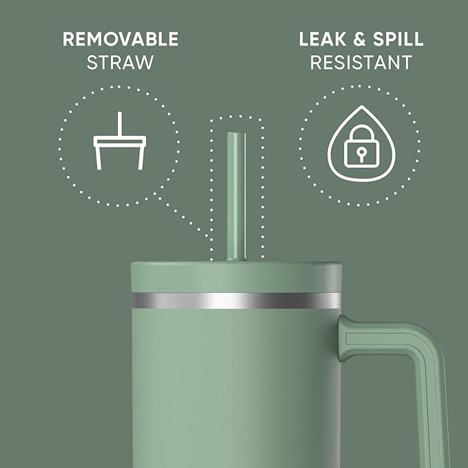 Hydrapeak Voyager 40 Oz Stainless Steel Tumbler with Handle, Insulated Water Bottle With Straw & Lid, Cupholder Friendly Reusable Travel Mug (Sage)