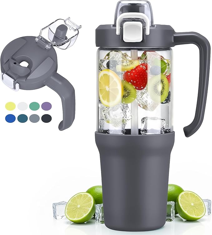 32oz Glass Water Bottle, 2-in-1 Straw and Sip Spout Lid, Leakproof Wide Mouth Tumbler with Handle, BPA-Free Reusable Bottle for Sports, Office, Outdoor, Grey