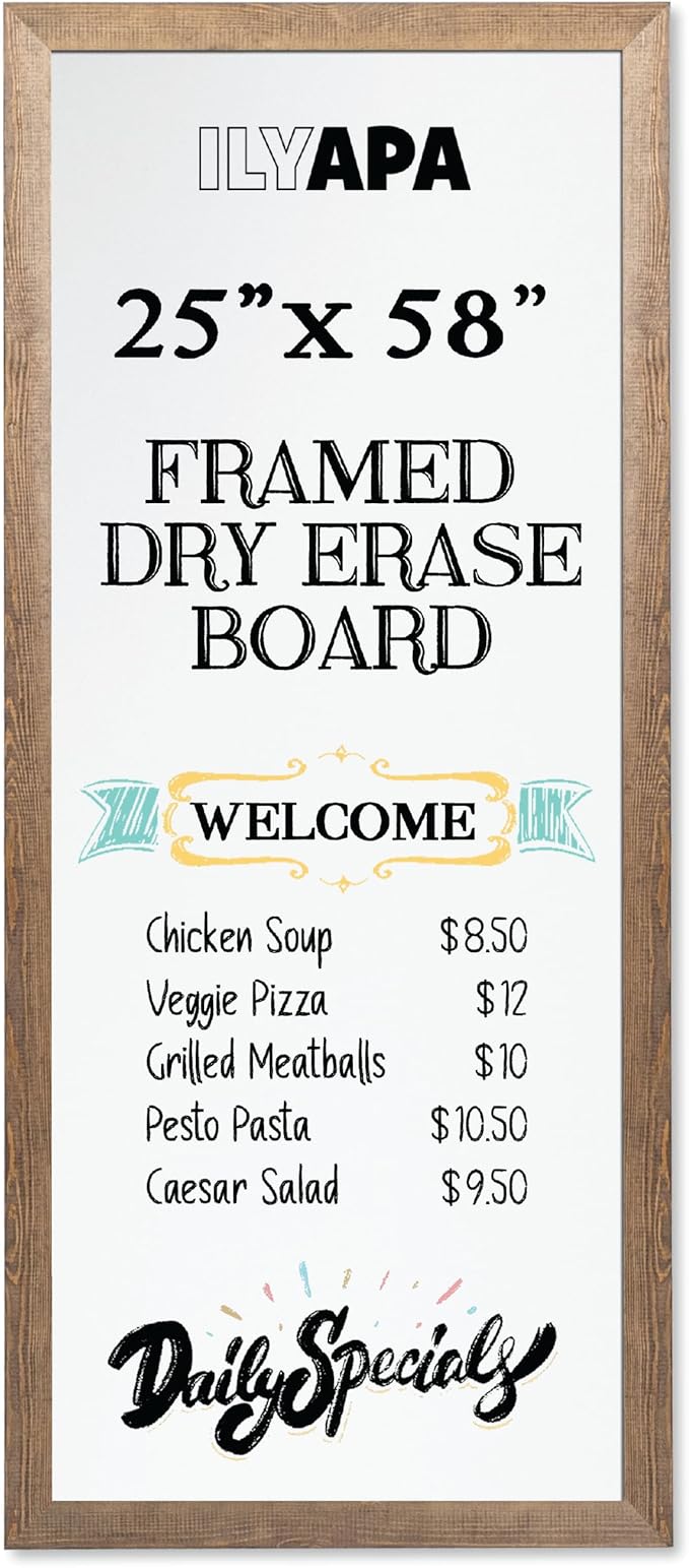 Ilyapa Extra Large Dry Erase Board for Wall - Wood Framed Magnetic White Board - 58 x 25 Inches Decorative Wall Hanging Menu Whiteboard - Brown