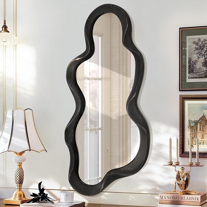 Irregular Wooden Framed Wall Mirror Modern Asymmetrical Hanging Mirror Artistic Cloud Shape Wall Decor Bathroom Vanity Bedroom Living Room Entryway Hallway Large