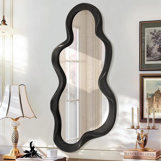 Irregular Wooden Framed Wall Mirror Modern Asymmetrical Hanging Mirror Artistic Cloud Shape Wall Decor Bathroom Vanity Bedroom Living Room Entryway Hallway Large