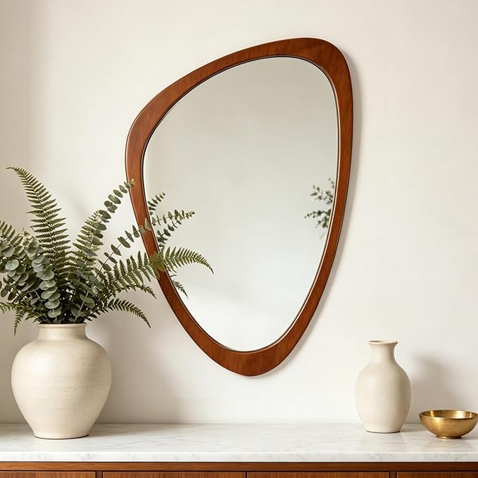 Ferytange Asymmetrical Wall Mirror, Wood Frame Decorative Mirror for Living Room Bedroom Entryway, Modern Irregular Unique Wall Art, Mid Century Modern Home Decor 30" H x 19" W