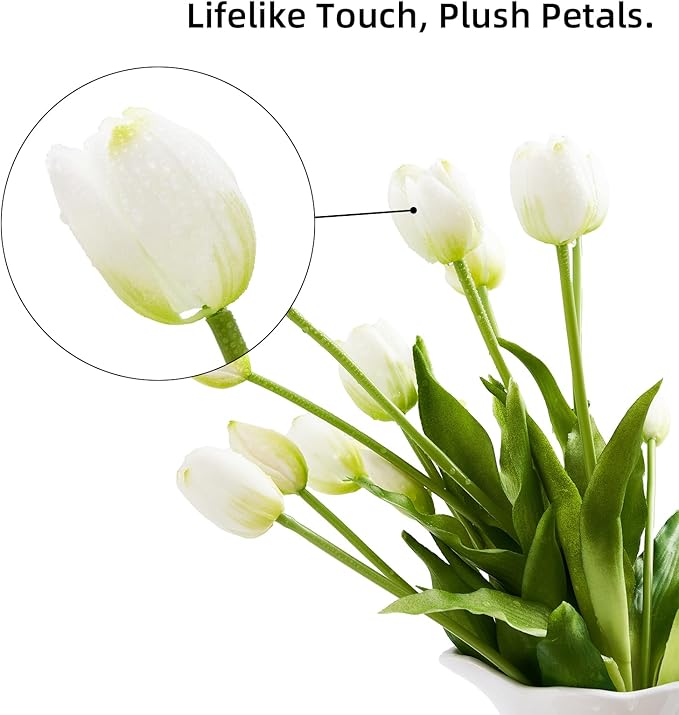 Sousi Real Touch Tulips Artificial Flowers Latex Faux Tulip Realistic Fake Tulips Flowers for Wedding Home Decorations (10, White)