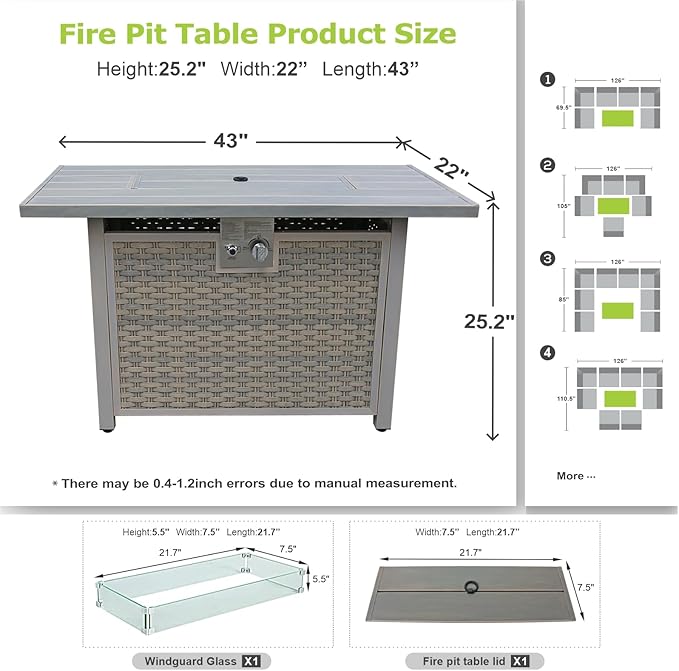 43" Rectangular Propane Fire Pit for Outside Patio 2 in 1, 50,000 BTU Fireplaces with Lid, Glass Rocks, Cover