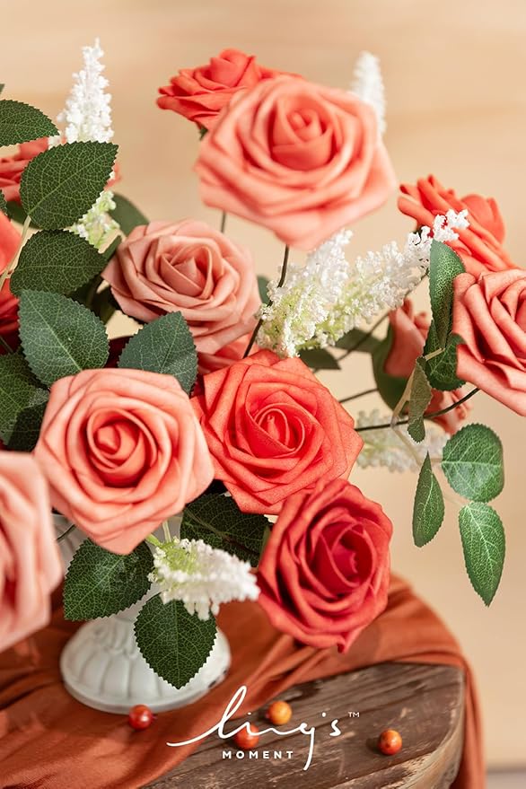 Ling's moment Artificial Flowers 25Pcs 3" Roses in Coral Dusty Cedar Shades, Realistic DIY Foam Floral Decor for Wedding Bouquets/Centerpieces, Outdoor Party Backdrops, Room/Table, Shower Decorations