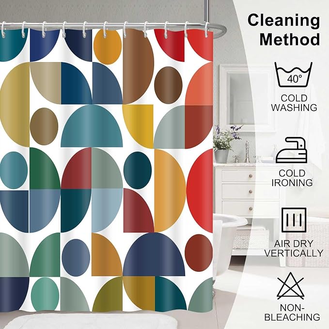 Colorful Mid Century Modern Shower Curtain Vintage Rainbow Boho Abstract Geometric Art Bathroom Curtain Decor 72x72 Inch Washable Fabric Retro Bright Cute Circle Patterned Bath Curtain with 12 Hooks
