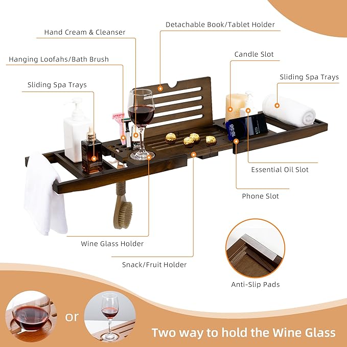FLYJOE Wood Bathtub Tray Table - Foldable Bath Tray for Tub with Expandable Handles, Wine Glass & Phone Holder, Book Stand - Enhance Home Spa Experience with Natural TeakMaterial, Walnut