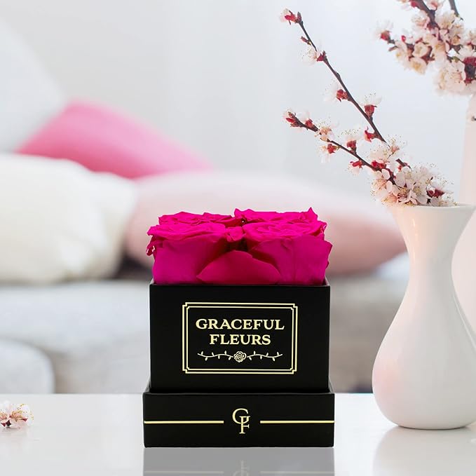 Graceful Fleurs | Real Long Lasting Roses for Years | Preserved Fresh Flowers for Delivery Birthday | Birthday Gifts for Women | Forever Roses in a Box (Radiant Pink, Black Box, 4 Roses)