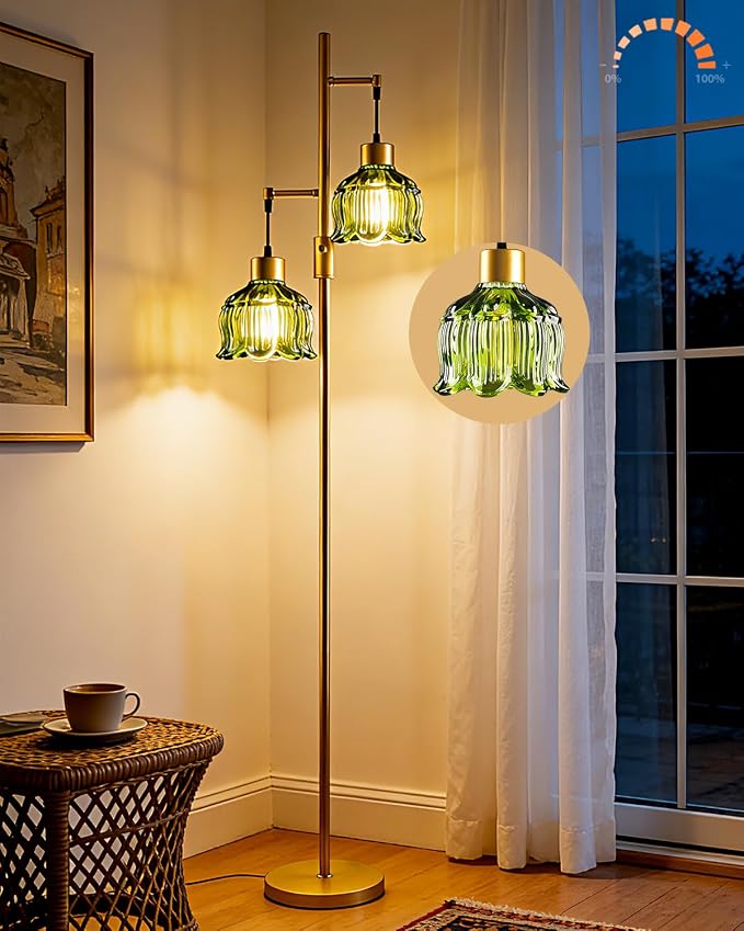 Lightdot 2- Light Gold Flower Floor Lamp, 65IN Green Glass Floor Lamps with 3000K Warm White Bulbs, Modern Standing Tall Lamp with 5Lbs Heavy Base for Living Room Bedroom Home Office Sofa Beside