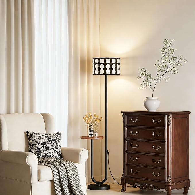 62.9" Floor Lamp with Table Brown, Black Lampshade Vintage Standing Lamp with Tray Foot Switch, 3 Color Temperatures LED Bulb Included, for Living Room, Bedroom