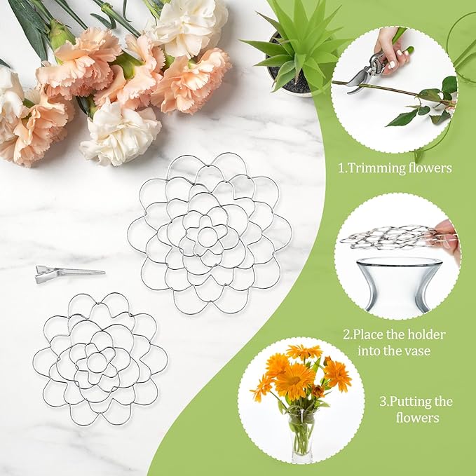 Flower Arrangement Holder Set 3Pcs - Stainless Steel Floral Grid Organizer - Wire Frog Insert for Vases Bouquets DIY Home Decor (Silver)
