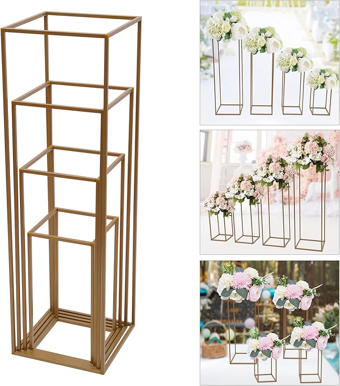 4PC Flower Stand for Wedding Metal Cylinder Stands for Party Rectangular Gold Centerpieces Flower Vase Gold Columns for Weddings Flower Plant Stand Decoration 15.74"/23.62"/31.49"/39.37"