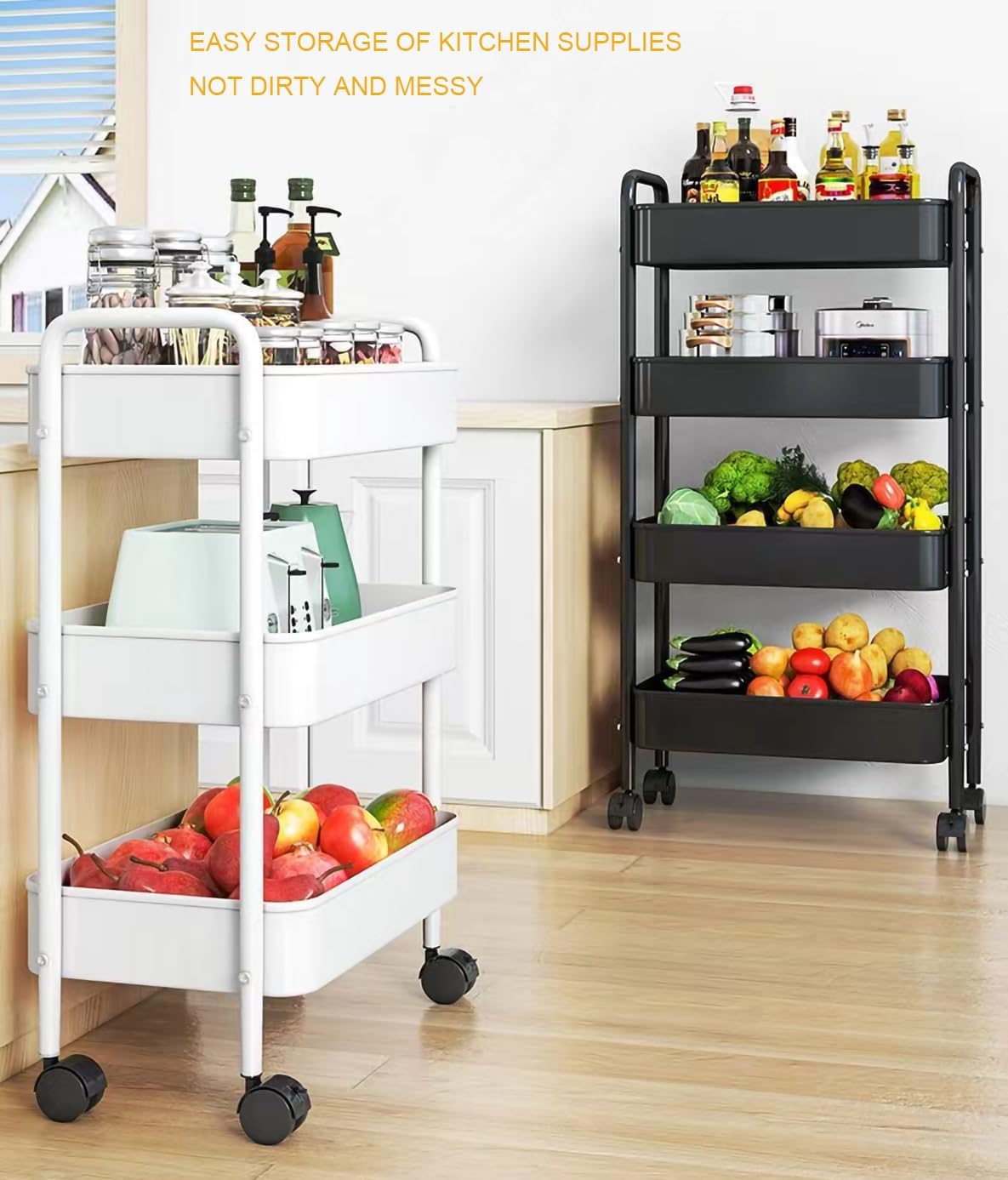 XIUSHE 3-Tier Rolling Metal Utility Cart - Sturdy Portable Organizer for Office, Kitchen, Bathroom | Black
