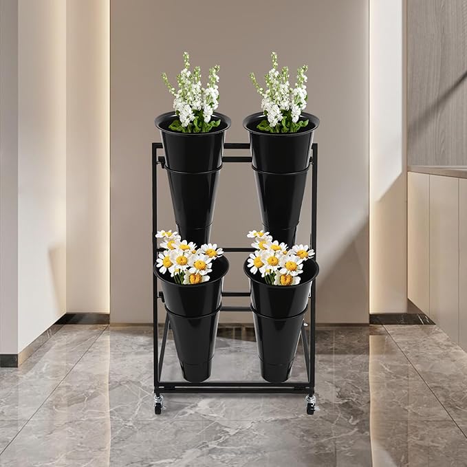 DYRABREST Flower Display Stand with Buckets, Black 3 Layers Metal Plant Stand with 4 Pieces Buckets, Moving Florist Bouquet Shelf for Fresh Flower Shop, for Patio Garden, Outdoor Flower Pop-Up Events