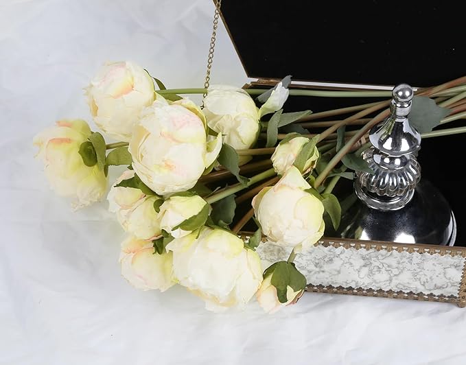 IPOPU Cream White Fake Peonies 2 Bouquets Faux Peony Flowers 14Heads Vintage White Flowers for Flower Arrangements Artificial Centerpiece Home Bridal Shower Decorations (Cream)