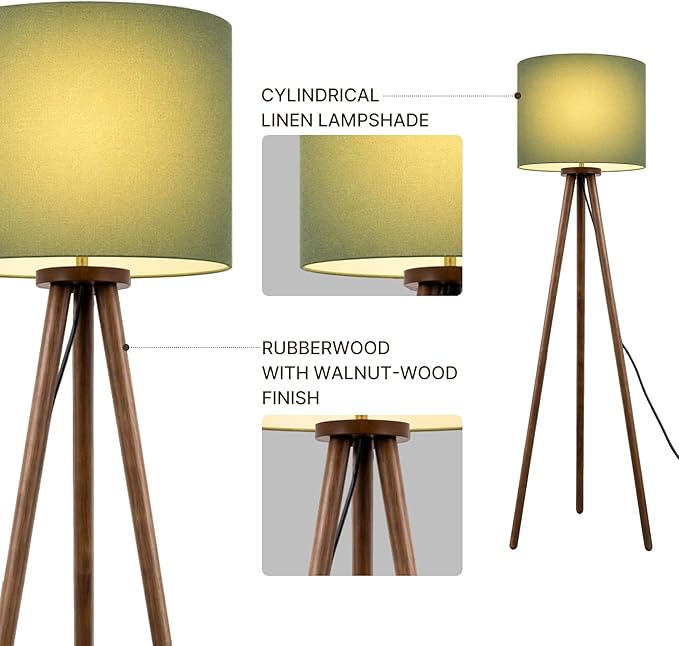 Buruis 60.6" Solid Wood Tripod Floor Lamp with 15.7" Large Linen Shade, Mid-Century Walnut Finish Standing Lamp for Living Room, Bedroom, Office, Corner, UL Listed, Bulb Not Included, Green
