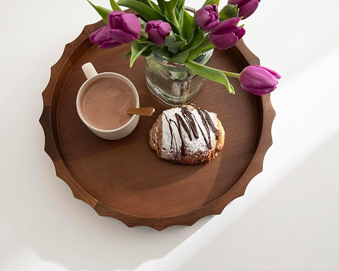 Kate and Laurel Lissi Decorative Round Tray with Wavy Design; 15 Inch Diameter; Walnut Brown; Mid-Century Modern Scalloped Circle Serving Tray for Coffee Table; Ottoman; or Entryway Decor