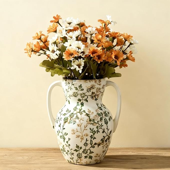 Green and Beige Farmhouse Vintage Vase with 2 Handles, Chinoiserie Floral Vase, Rustic Ceramic Vases for Home Decor, Wedding, Living Room, Table, Shelf Decor - 8.3 Inch Tall
