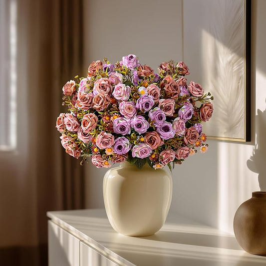 Artificial Rose Flowers for Outdoor 4 Bundles Rose Bouquet with Daisy Faux Flowers UV Resistant for Home Indoor Outside Garden Porch Window Box Balcony Yard Porch Fall Decor (Purple+Brown)