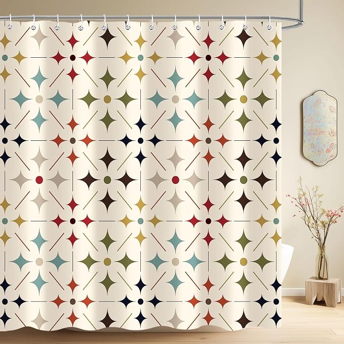 Mid Century Shower Curtain Vintage, Retro Modern Geometric Fabric Bathroom Decor, Colorful Abstract Aesthetic Art Boho Bath Curtain Set Decor with 12 Hooks 72x72 Inch