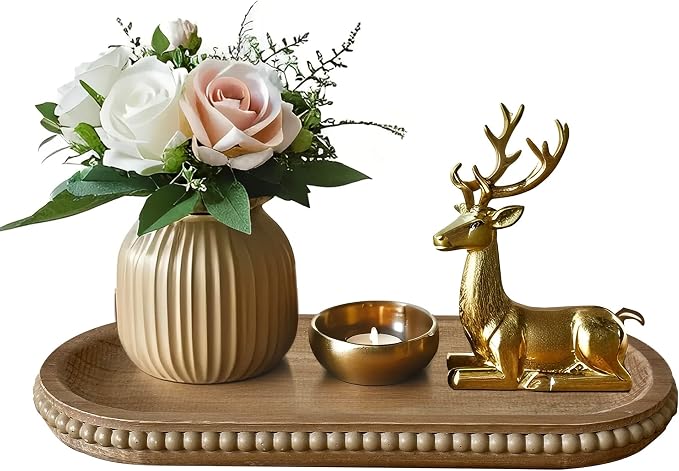 dwellington Wooden Farmhouse Decorative Tray, 11.8in Rustic Beaded Tray for Living Room Decor, Kitchen Table Décor, Oval Coffee Table Serving Tray (Natural)