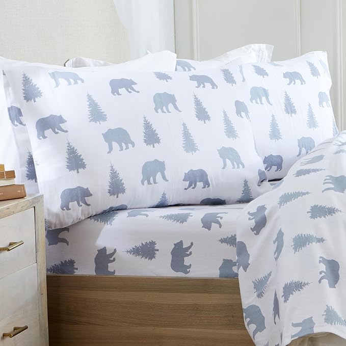 Market & Place 100% Turkish Cotton Flannel Sheet Set | 3 Piece Deep Pocket Novelty Cozy Winter Bed Sheets | Double Brushed for Extra Softness & Comfort | Alpine Collection (Twin, Grey Bears)